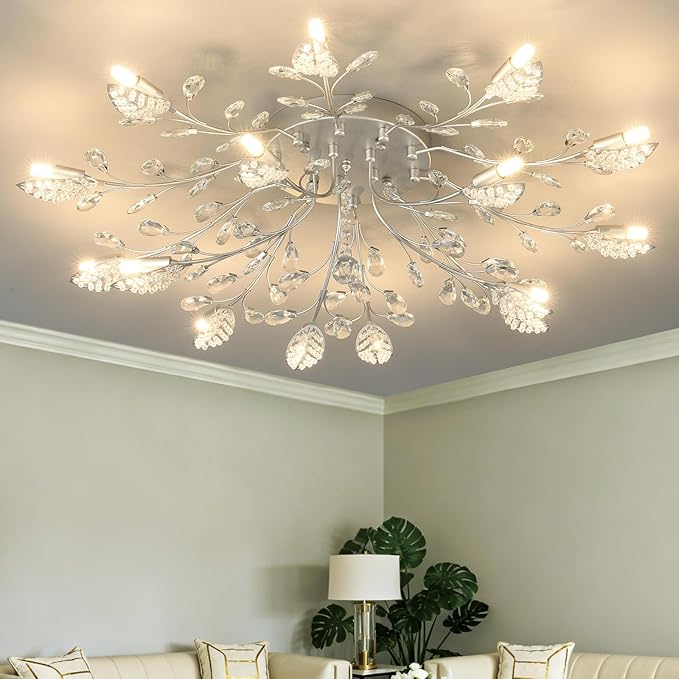 Modern Crystal Ceiling Light Fixture,Silvery Semi Flush Mount Chandeliers,Crystal Leaf Ceiling Light, Chandeliers for Dining Room,Living Room,Bedroom