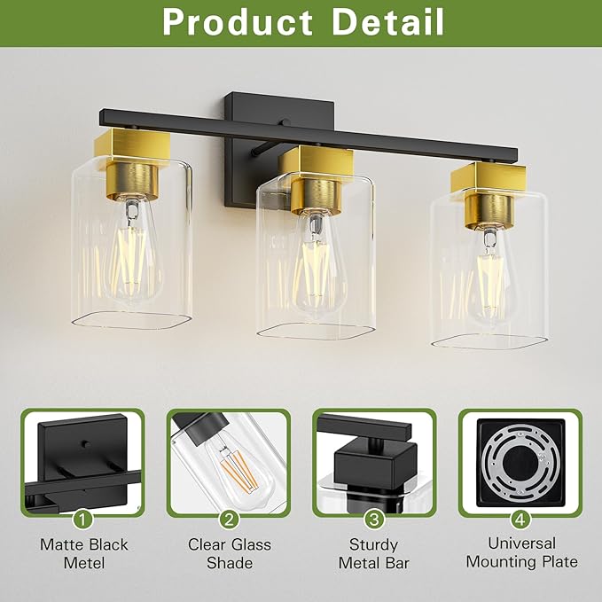 Black and Brushed Gold Bathroom Vanity Light, 3-Light Vanity Lighting fixtures Over Mirror, Square Design & UL Certification, Wall Sconces with Clear Glass Shades, E26 Socket (Bulbs Not Included)