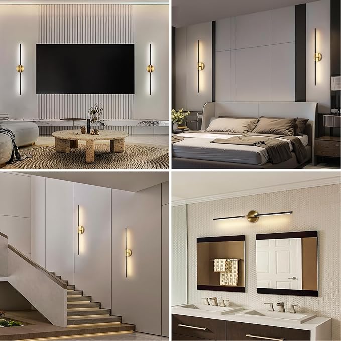 Battery Operated Wall Sconces Set of Two, 360°Rotate Wireless Wall Sconces with Remote Control Dimmable Timing, Black Gold Rechargeable Modern Decor Lights for Hallway Living Room, 31.5 Inch