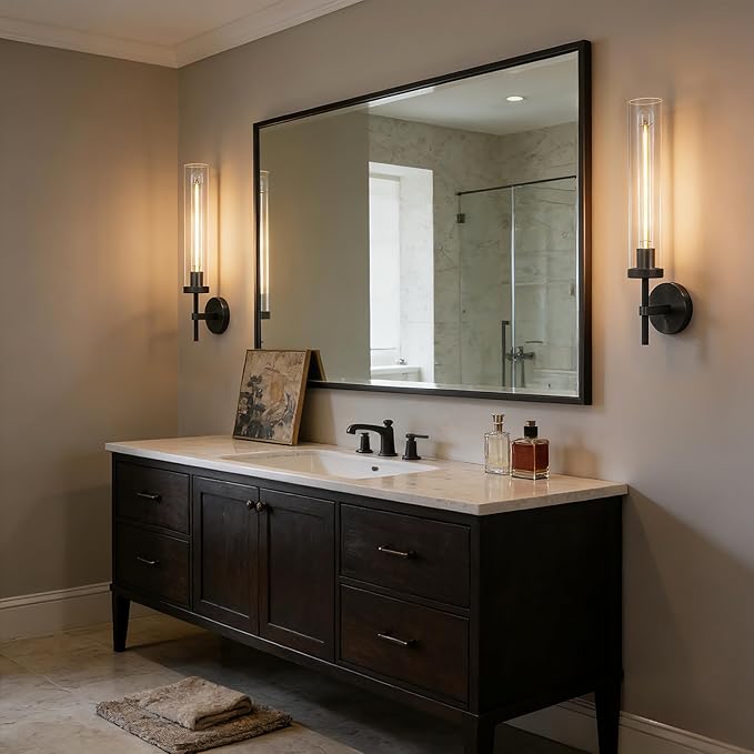 Black Wall Sconces Set of Two, 19" Knurled Black Sconces Wall Lighting, Tube Glass Bathroom Sconces Wall Lights for Bedroom Living Room Vanity Sconce Wall Lamp for Hallway, Staircase