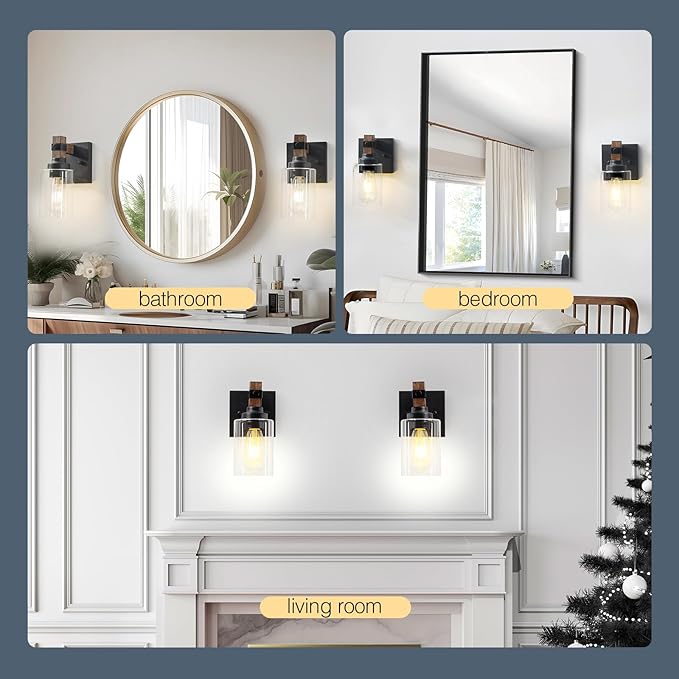 Farmhouse Wall Sconces 2-Pack, Wired Sconces Wall Lighting with Glass Shade, Decor Set of Two for Bedroom Bathroom Livingroom, Round-Wired