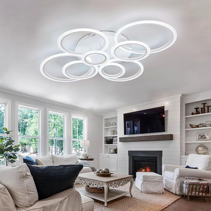 Modern LED Ceiling Light 41inch with Remote Dimmable 8 Ring White Flush Mount Ceiling Light Fixture for Living Room Bedroom Kitchen Dining Room