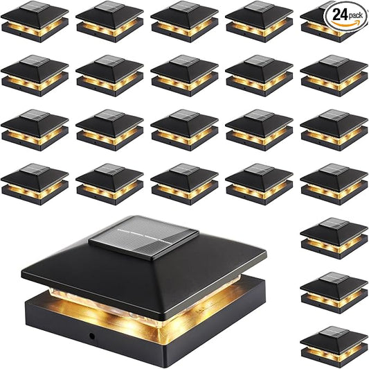 Solar Post Cap Lights Outdoor 24pack, Waterproof Solar Powered Deck Fence Post Lights Fit 4x4 Wood/Vinyl Posts, Bright Warm White Solar Post Lights Decorate Deck, Patio, Porch, Fence(Black)