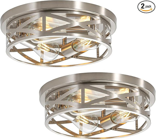 13 Inch Brushed Nickel Flush Mount Ceiling Lights, Modern Cage Ceiling Light Fixture E26 Base Indoor Metal Kitchen Ceiling Lights for House Hallway Bedroom Living Room Laundry, 2 Pack