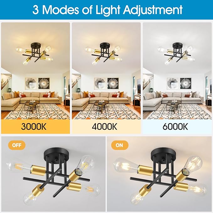EGM Black & Gold Sputnik Ceiling Light Fixture, 4-Light Modern Flush Mount Ceiling Light with E26 Bulb Base, Close to Ceiling Lights for Dining Room Hallway Living Room Kitchen (2 Pack)