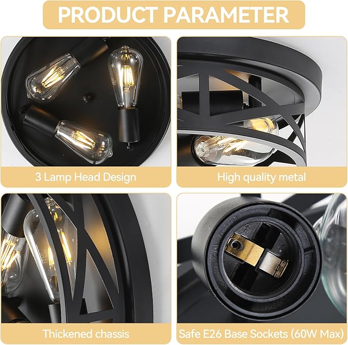 3-Lights Farmhouse Flush Mount Ceiling Lights, 13 Inch Indoor Cage Close to Ceiling Light Metal Black Rustic Style Ceiling Light Fixtures for House Kitchen Bedroom Entryway