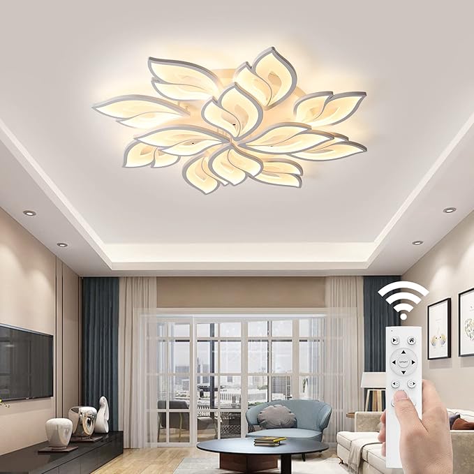JAYMP 35.4" Flower Shaped Ceiling Light Dimmable Modern Ceiling Lamp Remote Control LED Lighting Fixture for Living Room Kitchen Dining Room (White/12 Petals)