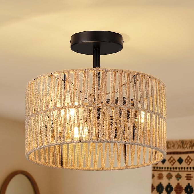 Boho Semi Flush Mount Ceiling Light Fixture Woven Rope Drum Lamp Natural Rattan Lighting for Bedroom Kitchen Hallway Entryway Closet Rustic Farmhouse Modern Bohemian Light Fixtures
