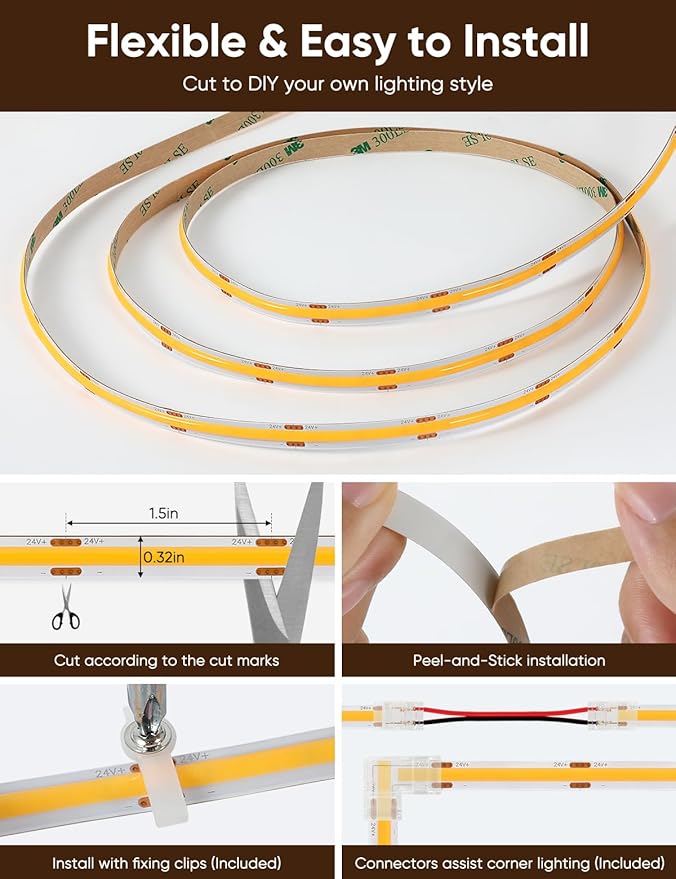 COB LED Strip Lights 2700K Warm White Music Sync LED Lights with DC24V Adapter Remote Smart App Control 16.4ft/5m CRI90+ Ultra Bright LED Rope Lights for Home Bedroom Cabinet DIY Lighting