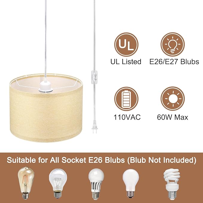 PATIKIL Plug in Pendant Light, 2 Pack 15Ft Rope Cord Hanging Lamp Fixture with ON/Off Switch, Linen Fabric Shade E26/E27 Bulb Socket for Bedroom Kitchen Living Room, Linen