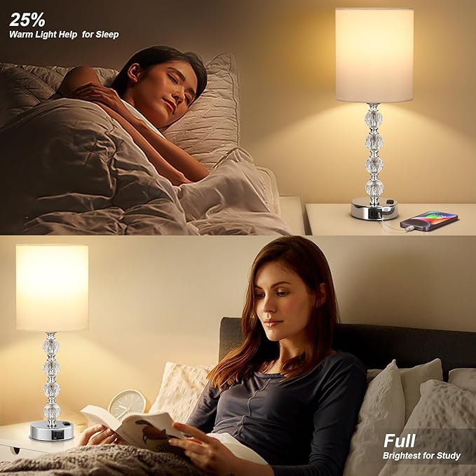 Acaxin Touch Bedside Crystal Lamps for Bedrooms Nightstand with USB C+A Charging Port and AC Outlet White, 3 Way Dimmable Silver Large End Side Table Lamp for Living/Guest/Dinning Room/Kitchen