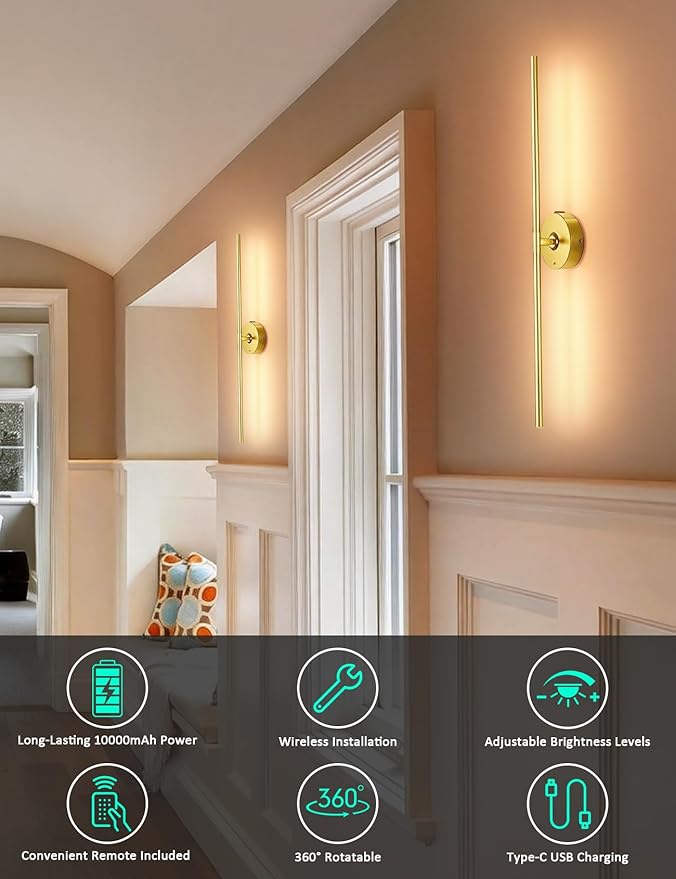 Battery Operated Wall Sconces Set of 2: 10000mAh Rechargeable Wall Lights for Living Room, 4CCT Dimmable LED Wireless Wall Lamp 360° Rotate Modern Home Decor for Bedroom Hallway Picture Lighting