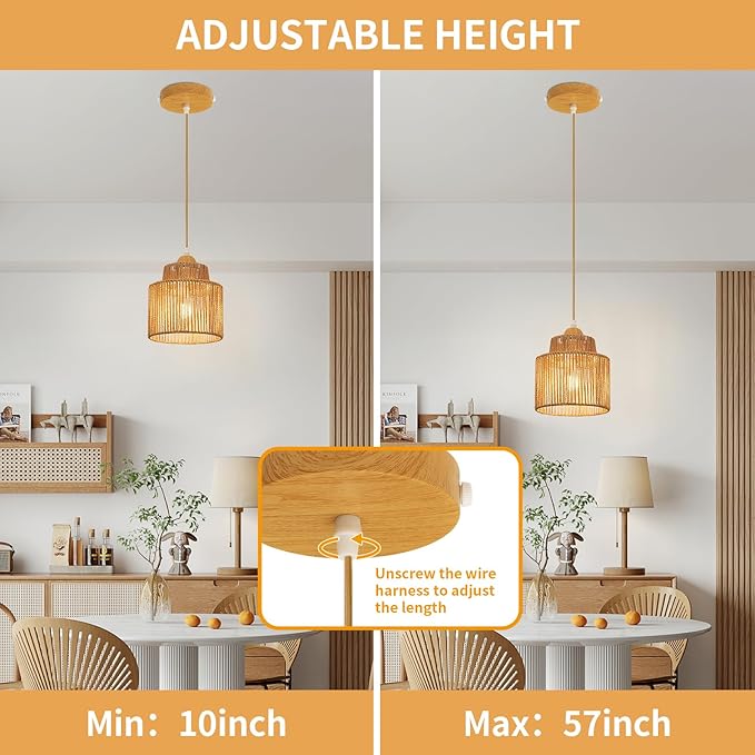 2 Pack Boho Rattan Pendant Light Kitchen Island,Farmhouse Chandeliers Adjustable Height Hanging lamp for Dining Room,Kitchen Ceiling Lights Fixtures with Round Woven Wicker Lampshade Lighting