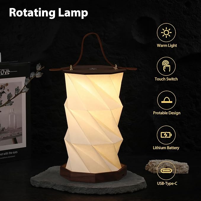 Ba sus Wooden Rotating Table Lamp, Warm Light Design with Leather Handle, Long Press Dimming Function, Built-in Battery & USB Rechargeable, Adjustable Heights for Bedroom, Living Room, Camping