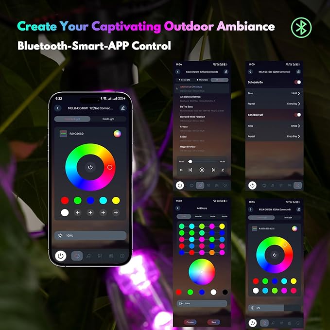 BBG Outdoor String Lights 50FT RGBW - 2700K Patio Lights Outdoor Waterproof, 24V Low Voltage, 20 Shatterproof Bulbs, Dimmable, APP & Remote Control, Linkable, Music Sync, Timer for Backyard