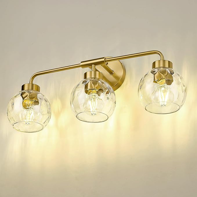 zeyu Modern Bathroom Vanity Light, 23 Inch 3-Light Gold Bathroom Light Fixtures, Water Ripple Globe Glass, Brushed Gold Finish, ZS62BG-3W BG-WG