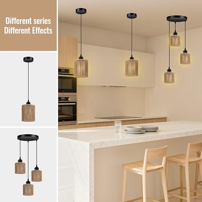 BoostArea 2 Pack Rattan Pendant Lights Kitchen Island, Farmhouse Chandelier with Handwoven Wicker Shade, Adjustable Height Boho Hanging Light for Kitchen Island/Dining Room/Bedroom/Hallway, No Bulb