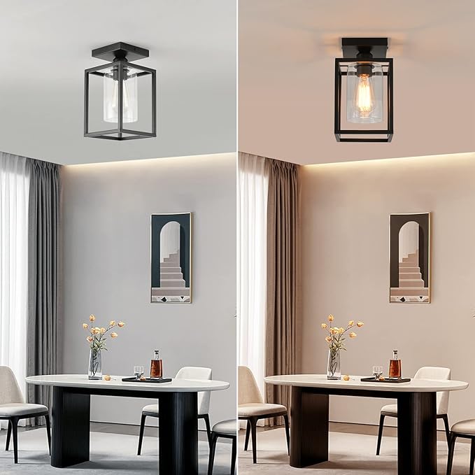 2 Pack Semi Flush Mount Ceiling Light, Black Metal Frame with Clear Glass Shade, Farmhouse Light Fixture for Kitchen, Island, Entryway, Porch, Foyer, Dining Room