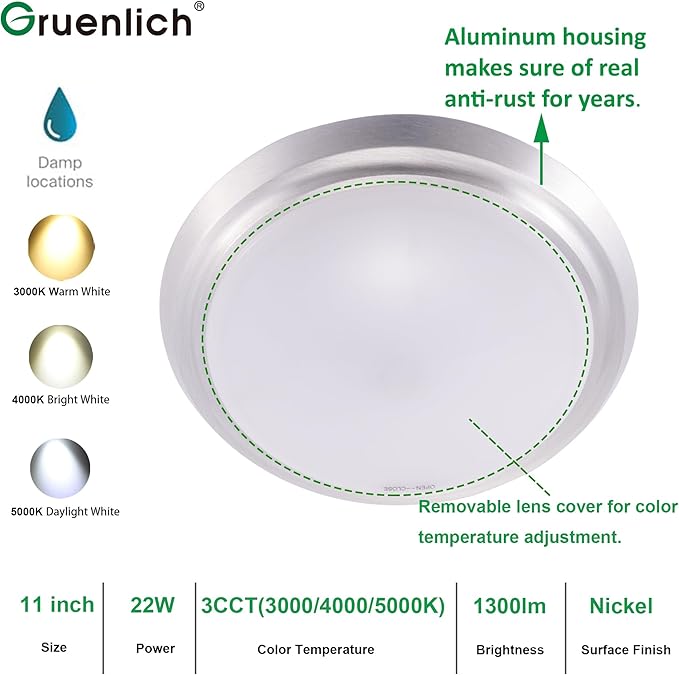 GRUENLICH LED Flush Mount Ceiling Lighting Fixture, 11 Inch Dimmable 22W, 1300 Lumen, 3000K 4000K 5000K Selectable, Aluminum Housing, Damp Location Rated, 2-Pack (Nickel Finish)