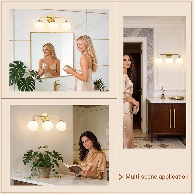 Modern Brushed Gold 3-Lights Vanity Light Fixtures with Carved White Glass Ball Shades, Mid Century Brass Wall Sconce Lighting Fixtures over Mirror, Wall Sconces for Bathroom Dressing Table Bedroom
