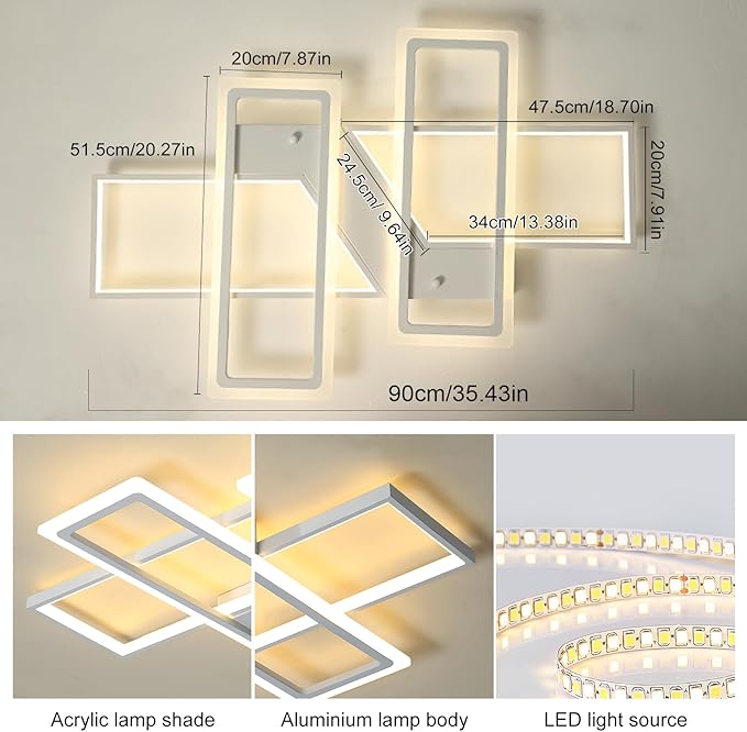 Jaycomey Dimmable Ceiling Light for Living Room,4 Squares Modern LED Ceiling Lamp with Remote Control,80W Acrylic Flush Mount Ceiling Light Fixture for Dining Room Bedroom Kitchen(White)