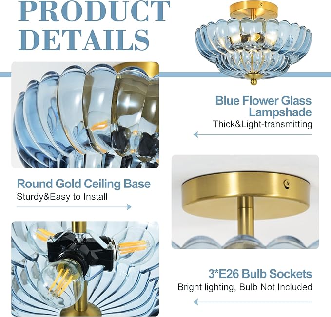 11.8 inch Kitchen Ceiling Light, 3-Light Semi Flush Mount Ceiling Lamp with Flower Glass, Modern Close to Ceiling Light Fixtures for Bathroom Bedroom Hallway Entryway, Blue