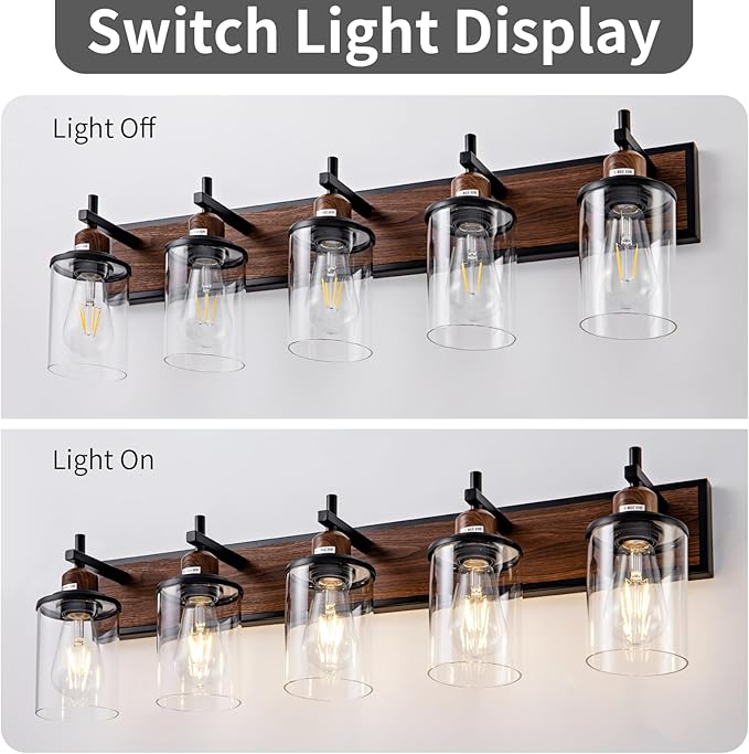 Lanhall 5-Light Farmhouse Bathroom Light Fixtures Vintage Bathroom Vanity Lights Over Mirror Black and Wood Painted Metal Vanity Light for Bathroom with Glass Shades E26 Socket