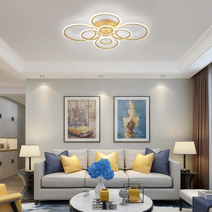 Vikaey Modern LED Flush Mount Ceiling Light, 8 Rings Gold Close to Ceiling Light Fixtures, Living Room Lighting Ceiling Lamp for Dining Room, Bedroom, Kitchen, 4000K Not Dimmable