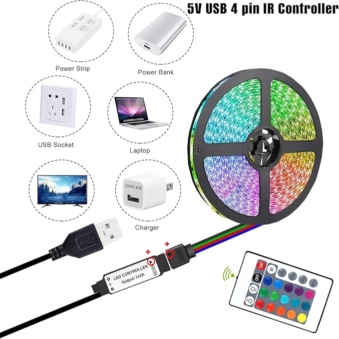 USB LED Light Controller, 5V RGB LED Strips Remote Replacement with 24 Key Infrared Remote for 4 Pin 5050 2835 RGB Strip, 2 Pack (IR Control Only, Not APP)