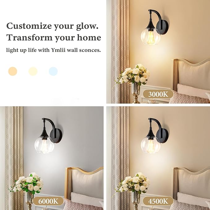 Black Wall Sconce Light, Modern Vanity Light Fixtures with 4.9 Inches Clear Glass Shade, Farmhouse Wall Lights for Living Room, Bedroom, Hallway
