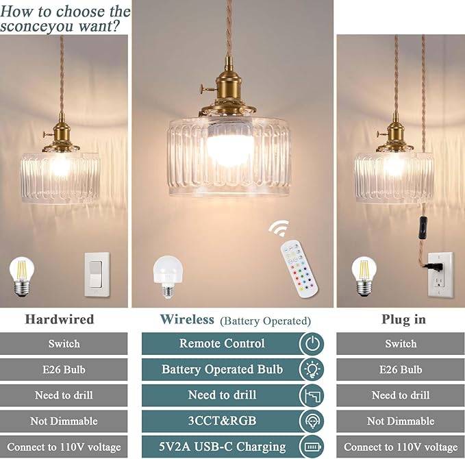Battery Operated Pendant Light,Vintage Light Fixtures 2500mAh 6.6in RGB Light Bulb with Remote Control Wireless Adjustable Rechargeable Chandelier for Kitchen Island Hallway 1Light