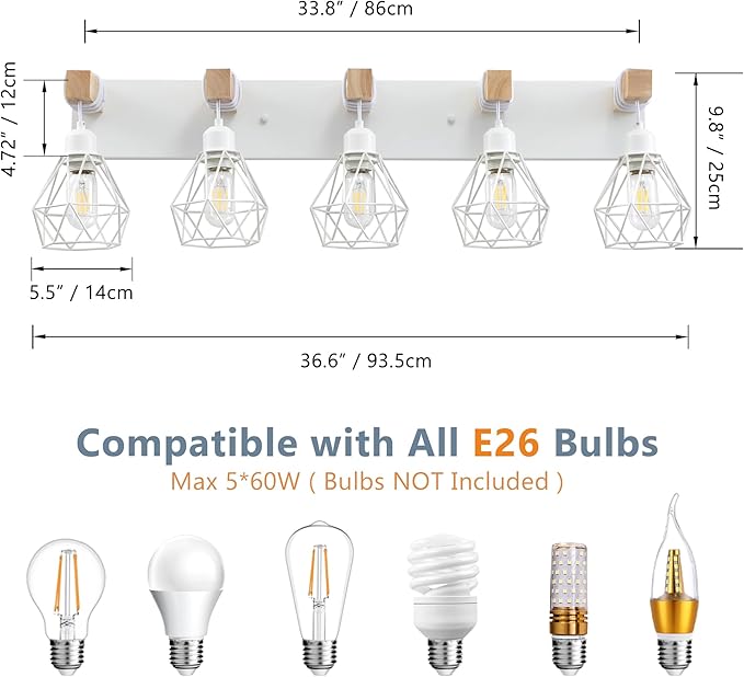 Farmhouse Vanity Light for Bathroom, 5-Light White Wood Bathroom Vanity Light Fixtures Over Mirror, Rustic Sconces Wall Lighting with Metal Lampshade for Living Room, Bedroom, Hallway