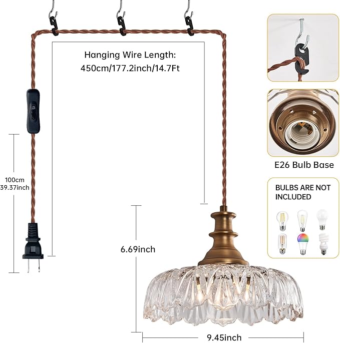 HDDFL Plug in Pendant Light Fixture Vintage Pendant Lighting Fixtures with Plug in Cord Hanging Light Kitchen Glass Hanging Lamp with Switch for Island Dining Table Living Room