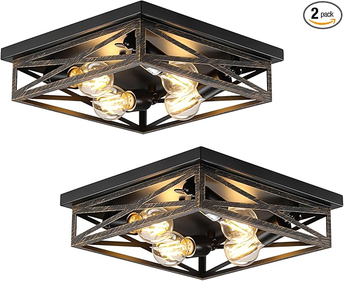2 Pack Flush Mount Ceiling Light, Modern Farmhouse Light Fixture,Industrial Square Metal Cage Ceiling Light for Kitchen, Hallway E26 Base(13in)
