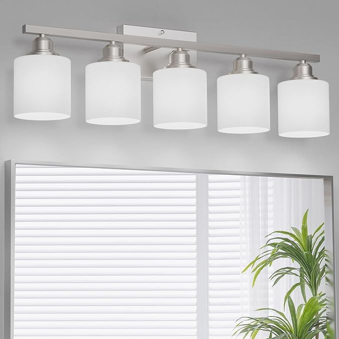 Sailstar 5-Light Bathroom Light Fixture, Brushed Nickel Vanity Lights Over Mirror, Anti-Rust, White Glass Shades, E26 Base, Bulb Not Included