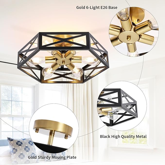 6-Light Semi Flush Mount Ceiling Light, Large Black and Gold Fixtures Ceiling Mount with Hexagon Cage, Metal Industrial Close to Ceiling Light for Hallway, Kitchen, Bedroom (19.68''L)