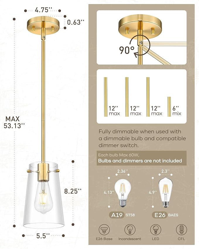 Beionxii Pendant Lights Kitchen Island 2 Pack, Brushed Gold Modern Kitchen Pendant Lighting Over Island, Hanging Lights with Clear Glass for Sink, Dining Room, Entryway, BX-PL03BG-2CG