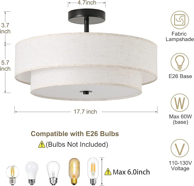 17.7" Close to Ceiling Light Fixtures, Black Semi Flush Mount Ceiling Light Fixtures with 2-Tier Drum Fabric Lamp Shade, Modern Ceiling Light Fixtures Flush Mount for Bedroom Hallway Nursery