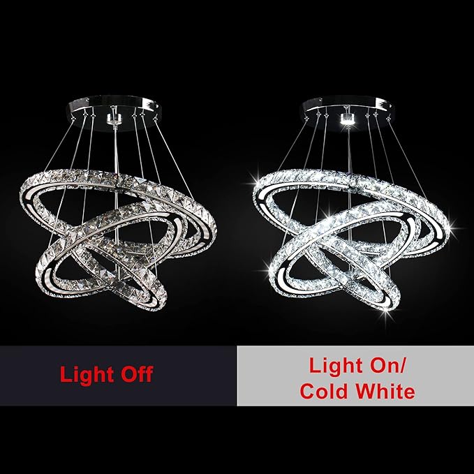 CXGLEAMING LED Chandeliers Modern Ceiling Light Fixture 3 Rings Adjustable Crystal Pendant Light Fixture Ceiling Hanging for Living Room Dining Room Bedrooms Hall 250mm Base 209 Crystals (Cool White)