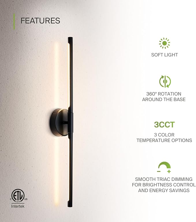 ASD LED 28" Linear Tube Wall Sconce, Modern Bathroom Light Bar | 3CCT, Dual 360° Rotatable, Dimmable, ETL Listed | 11W 1064LM 3000-5000K 100-277V | Bedroom, Hallway Vanity Lighting | Black, 2 Pack