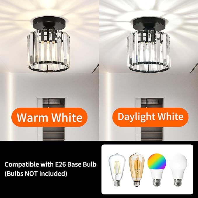 Semi Flush Mount Ceiling Light, Crystal Ceiling Light Black Crystal Chandelier for Kitchen Hallway Entrance Balcony Dining Rooms Living Rooms