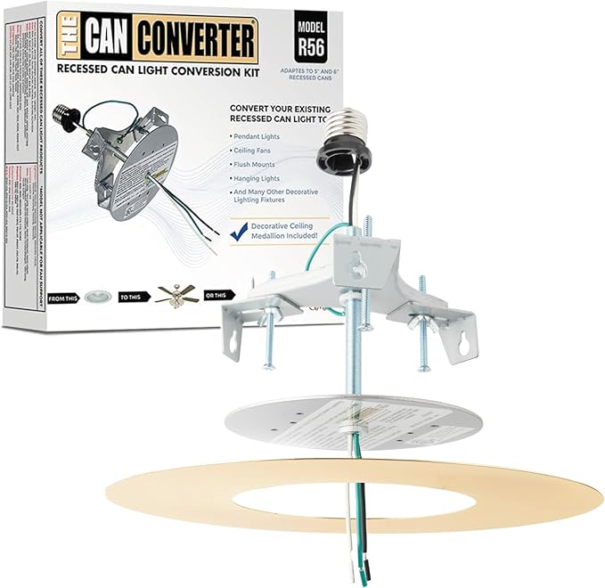 The Can Converter R56 Recessed Can Light Conversion Kit w/ 7"¾ Flat Ceiling Medallion - Home Improvement for 5" & 6" Cans, Converter Kit for Ceiling Fan & Light Fixture, UL Certified, Polished Brass