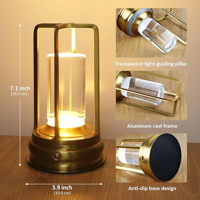 Cordless Table Lamp - Rechargeable LED Lamp with 2000mAh Battery, 3 Color Stepless Dimming & Touch Control, Portable Lamp for Indoor Outdoor, Bedroom, Restaurant, Bar, Patio, Camping, Gold