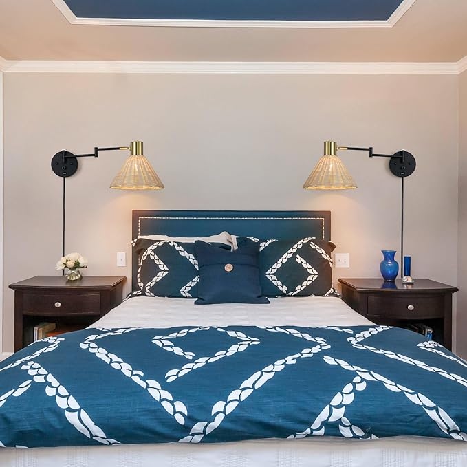 Plug in Rattan Wall Sconce Swing Arm Wall Lamp with USB Port and Dimmer Switch Hand-Woven Boho Rattan Wall Mounted Lamp Suitable for Hallway Bedroom Living Room.Balck
