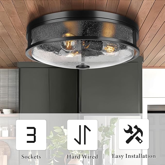 16 Inch Large Flush Mount Ceiling Light Fixture with Seeded Glass, Black Round Ceiling Lamp Shade, Modern Farmhouse Indoor Outdoor Ceiling Lighting for Kitchen Dining Living Room Foyer
