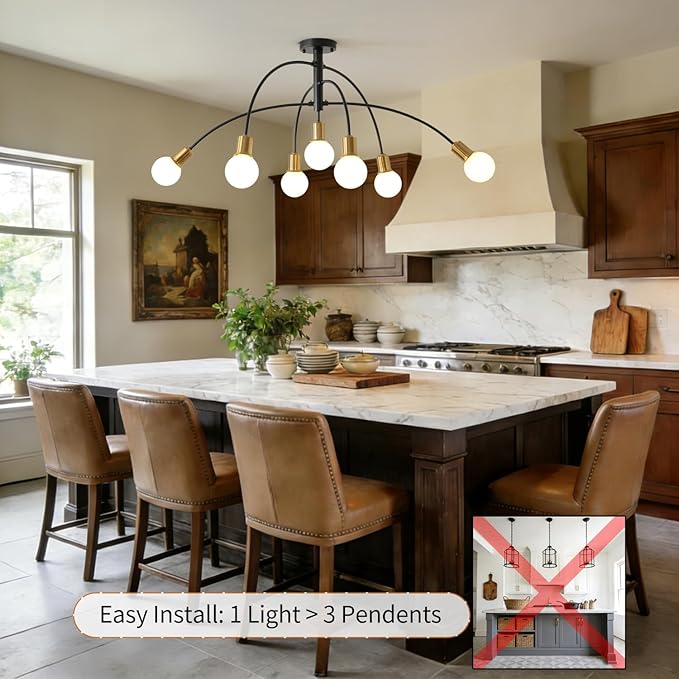 Modern Mid Century Large Kitchen Island Chandelier,Bright Long 7 Light Gold and Black Sputnik Semi Flush Mount Ceiling Light Fixture for Dining Room Living Room Bedroom
