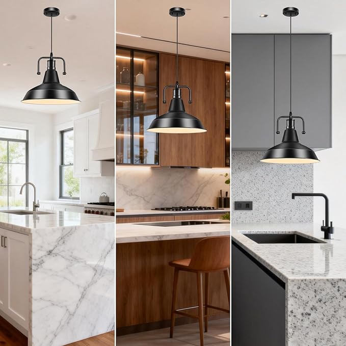 Industrial Farmhouse Pendant Light, 12" Metal Hanging Ceiling Lamp with 5FT Cord for Hallway, Kitchen Island, Sink, Dining Room, Living Room, Bar Counter, Foyer, E26 Socket, Black (Bulb Not Included)