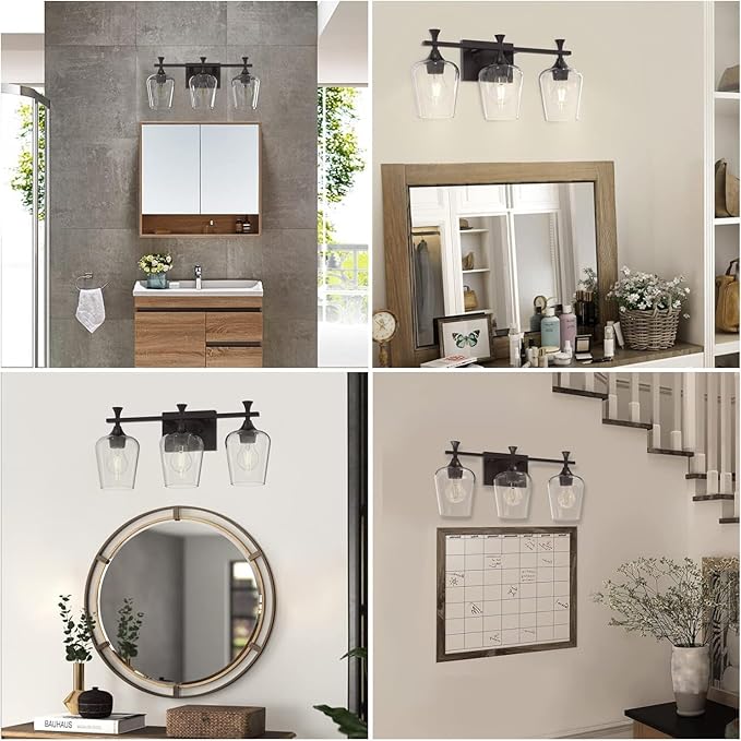 3 Light Bathroom Vanity Light - Black Bathroom Lighting Fixtures Over Mirror, Modern Wall Sconces with Transparent Glass Lampshade for Bedroom Living Room Kitchen Cabinet Stair Hallway