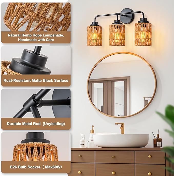 3-Light Bathroom Light Fixtures Vanity Lights Over Mirror, Rustic Farmhouse Rattan Wall Sconce with Boho Hand Woven Wall Lamp Natural Style Wall Mounted Light Vanity Lighting for Bedroom Hallway