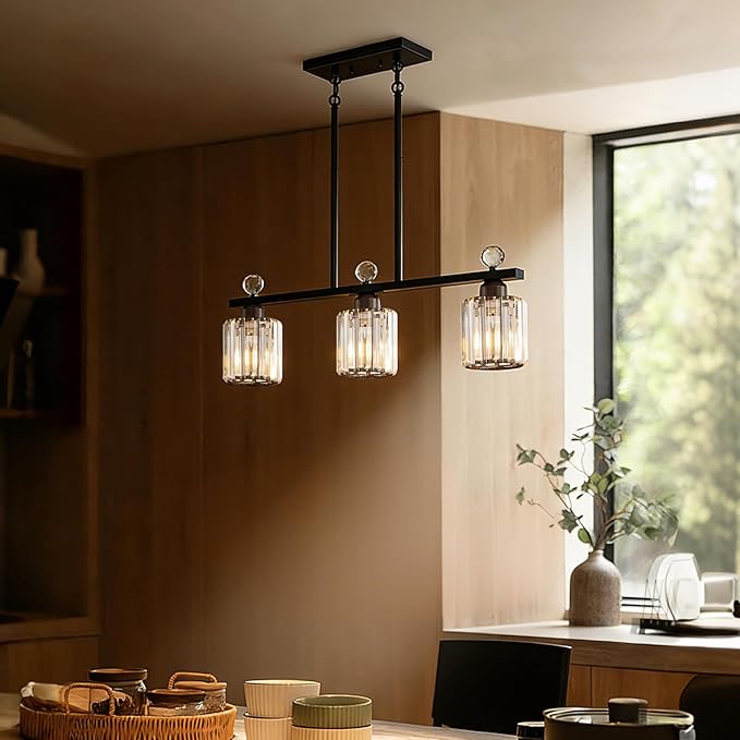 Modern Dining Room Light Fixture Over Table, Crystal Pendant Lights Kitchen Island, Chandeliers for Dining Room Kitchen Light Fixtures (E26) 3-Light Black